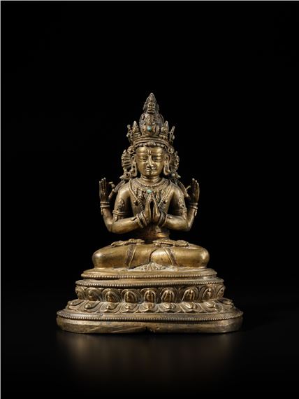 A copper-inlaid copper alloy figure of Shadakshari by Tibetan School, 14th Century, 14th century