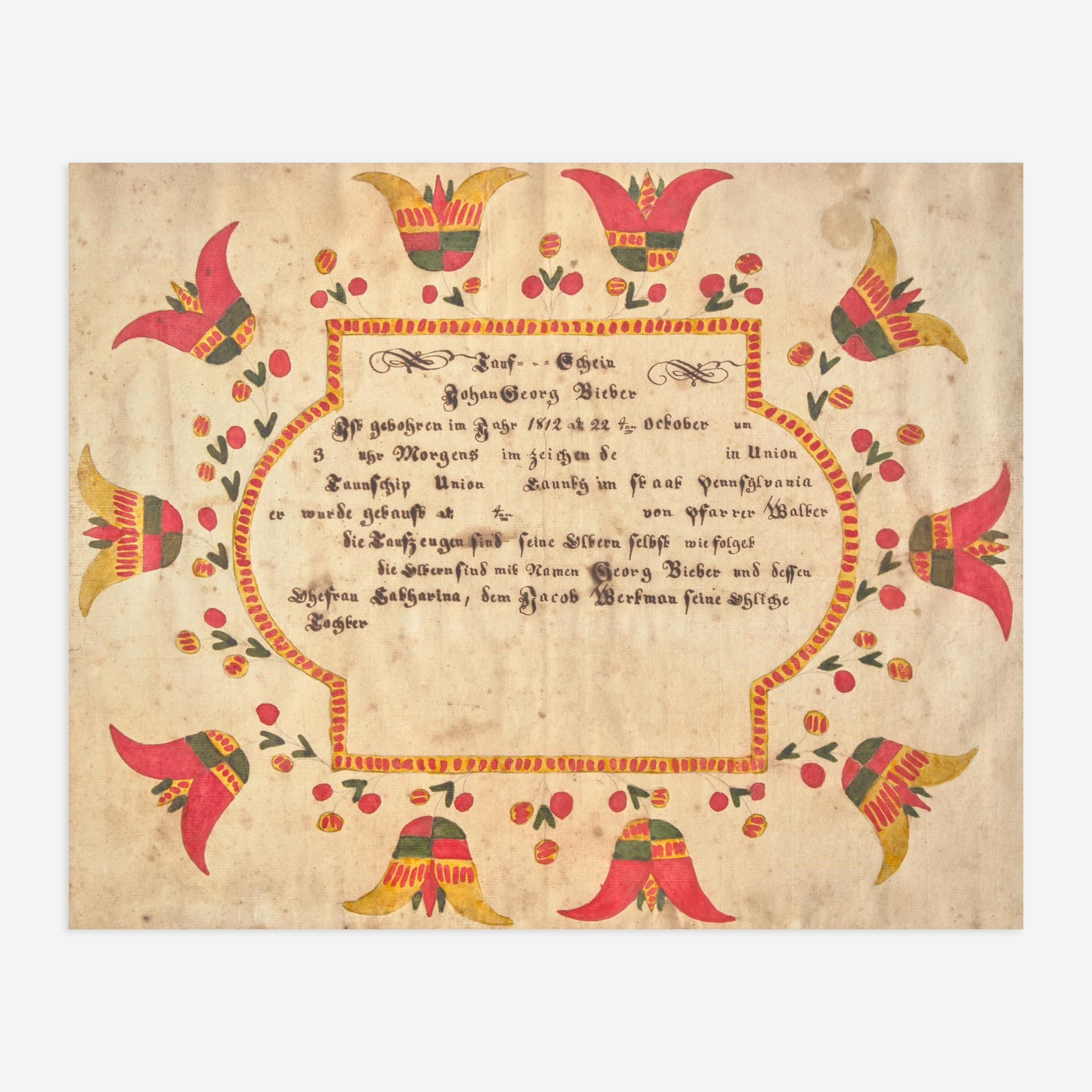 Daniel Otto | A Fraktur birth and baptism record for Johan George ...