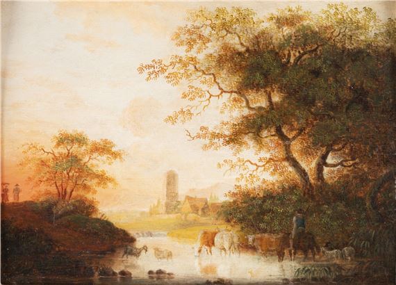 Romantic landscape with a shepherd and a flock at a river and a village in the distance by F. Simler, 1822