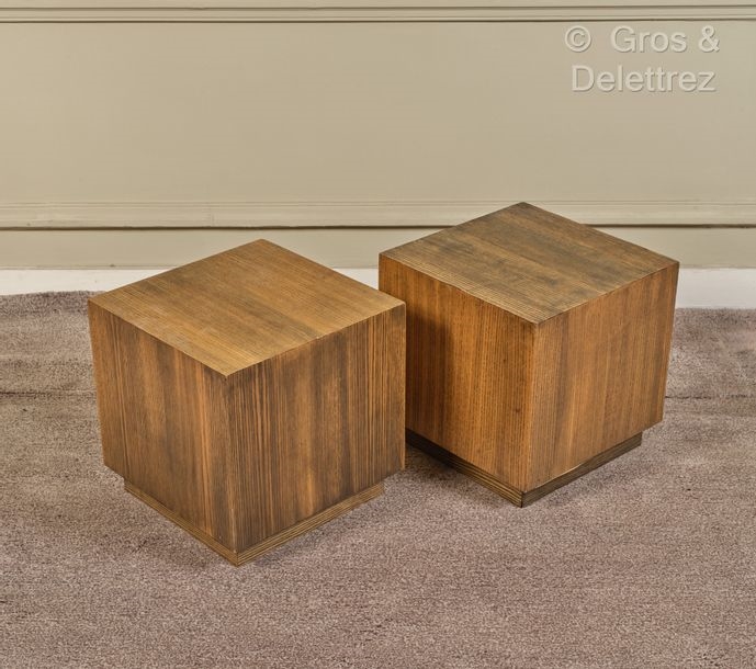 Milo Baughman | Pair of cubic stools in exotic wood veneer | MutualArt