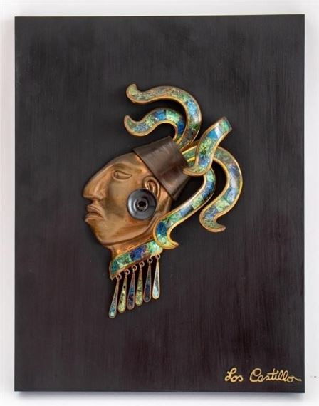 a Mayan warrior with obsidian ear disc and pendant hardstone ornaments. by Los Castillo, circa 1960s