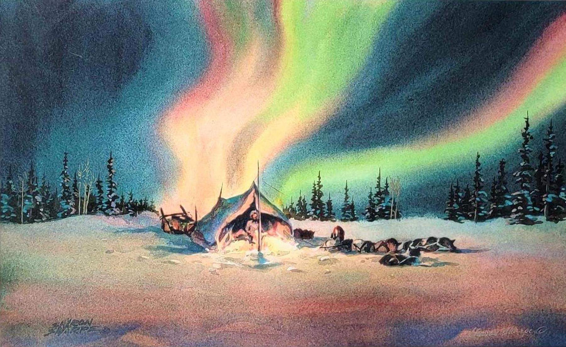Sharon Sharpe | Rest for the Mushers Dog Sled Aurora Borealis | MutualArt