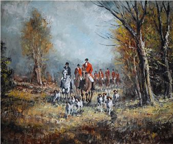 Fox hunting with hounds in a forest clearing - Gerard & Kelly