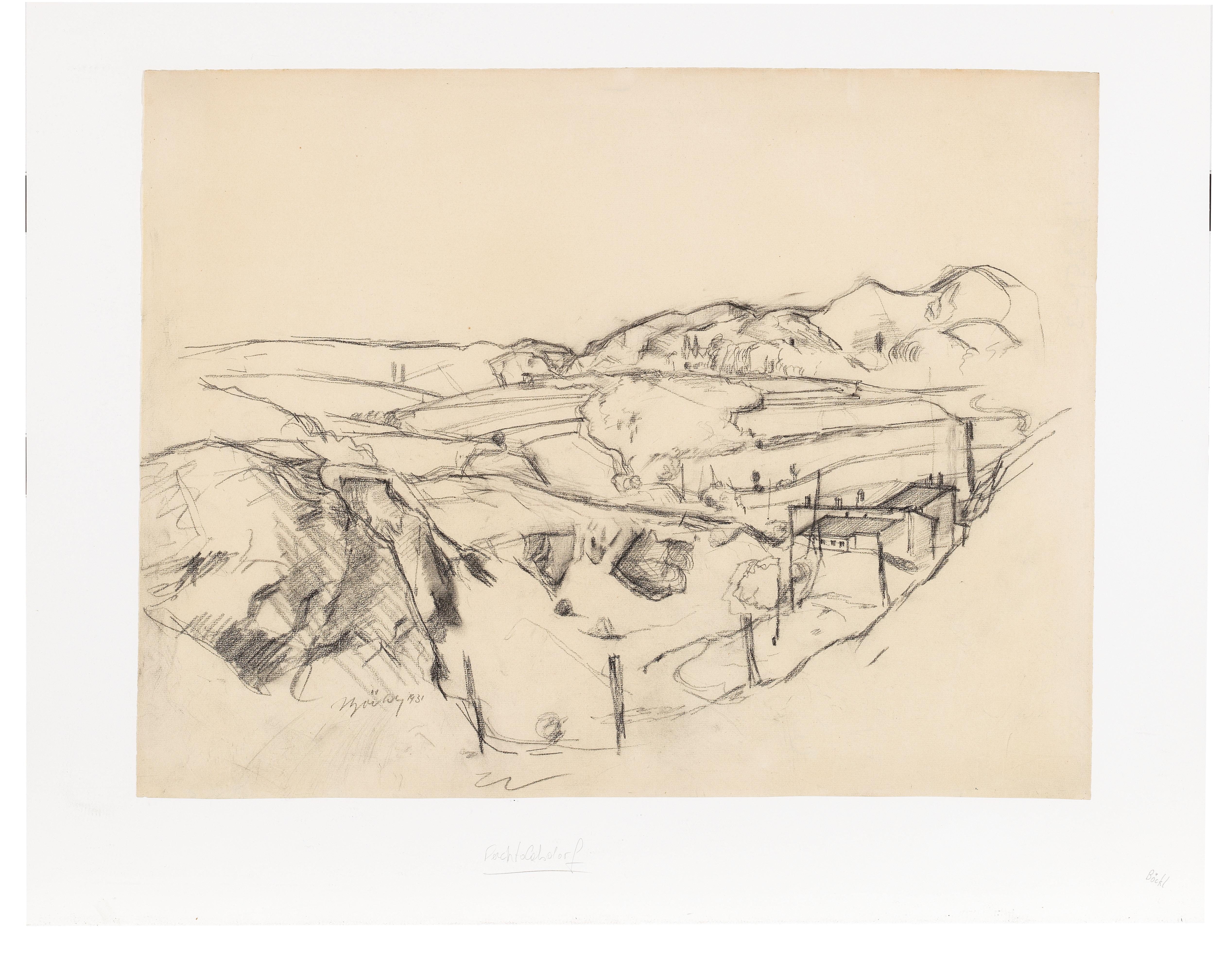 Artwork by Herbert Boeckl, Landschaft (bei Perchtoldsdorf?), Made of black chalk on paper