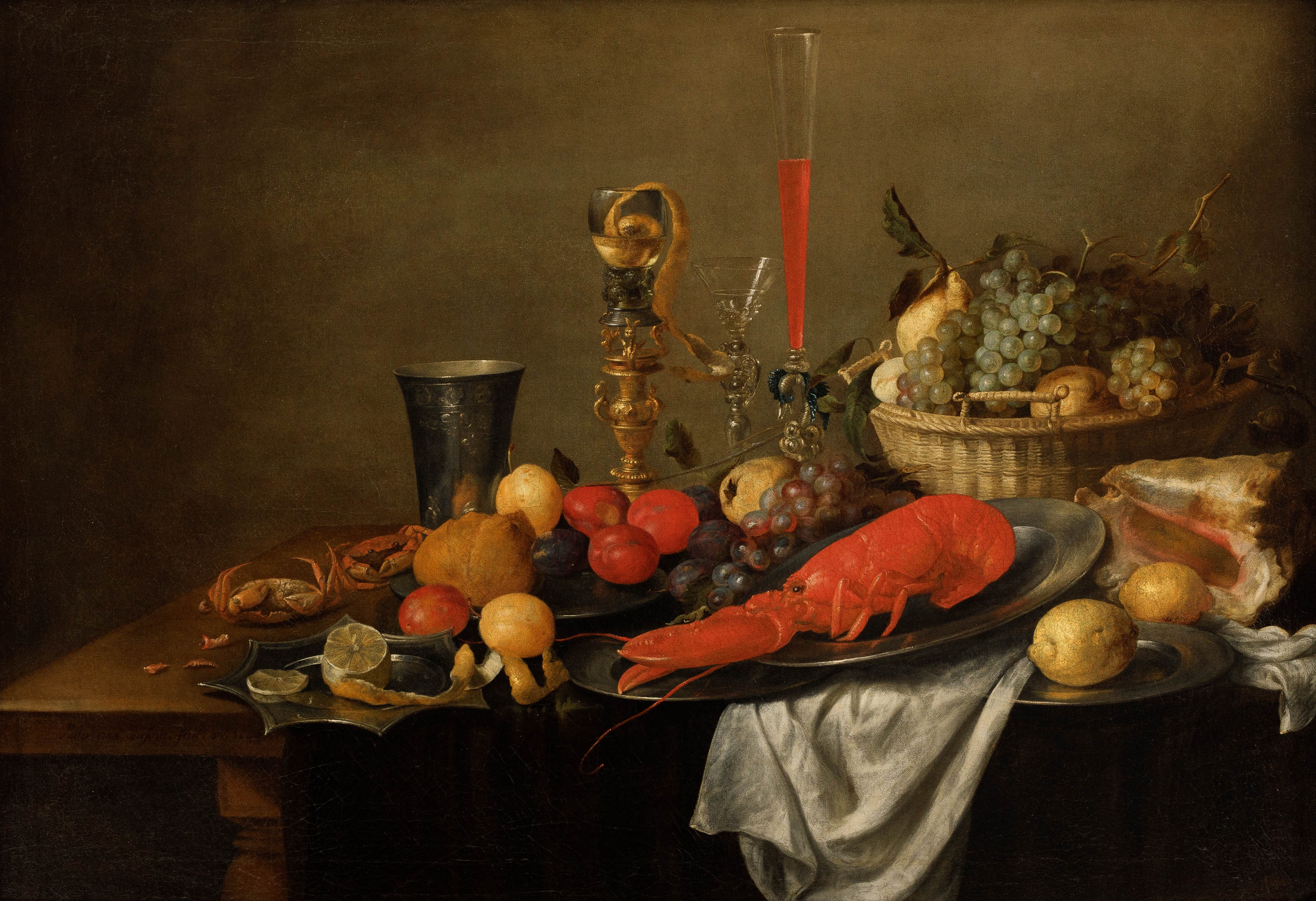 Artwork by Pieter van Overschee, Still life with a lobster, fruit and glasses, 1644, Made of Oil on canvas
