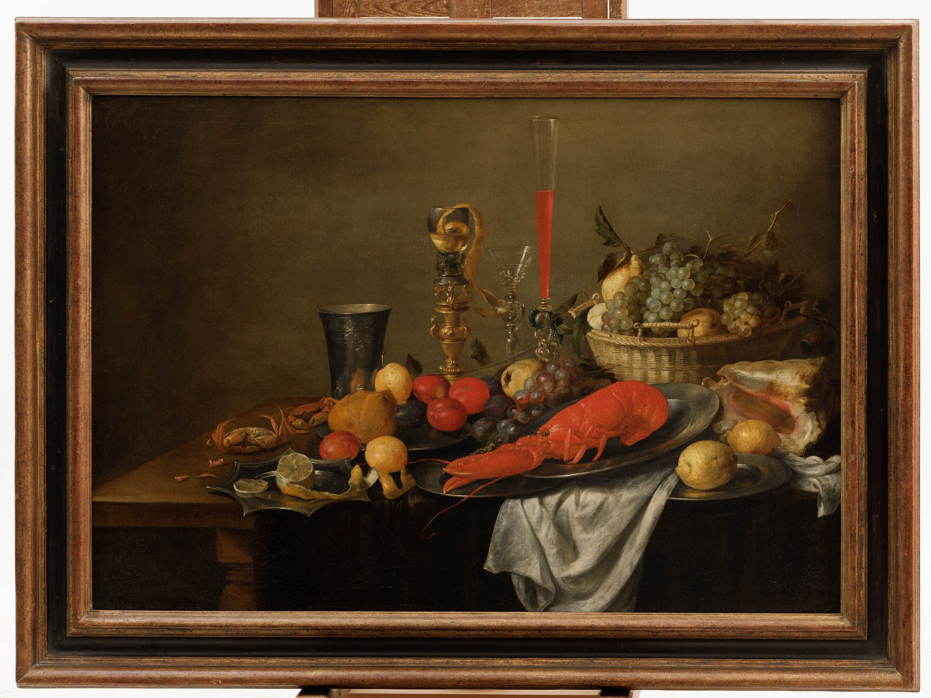 Artwork by Pieter van Overschee, Still life with a lobster, fruit and glasses, 1644, Made of Oil on canvas
