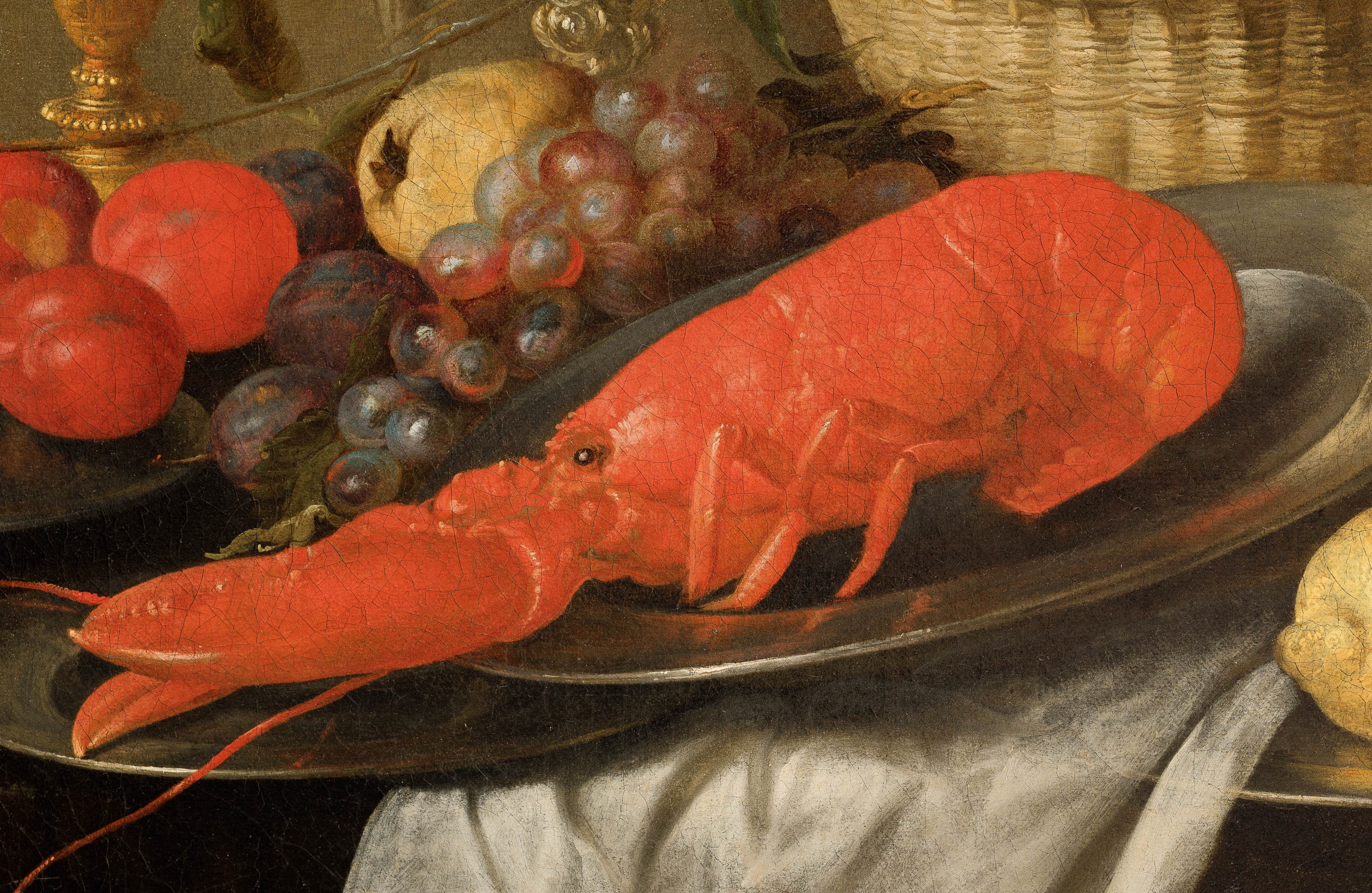 Artwork by Pieter van Overschee, Still life with a lobster, fruit and glasses, 1644, Made of Oil on canvas