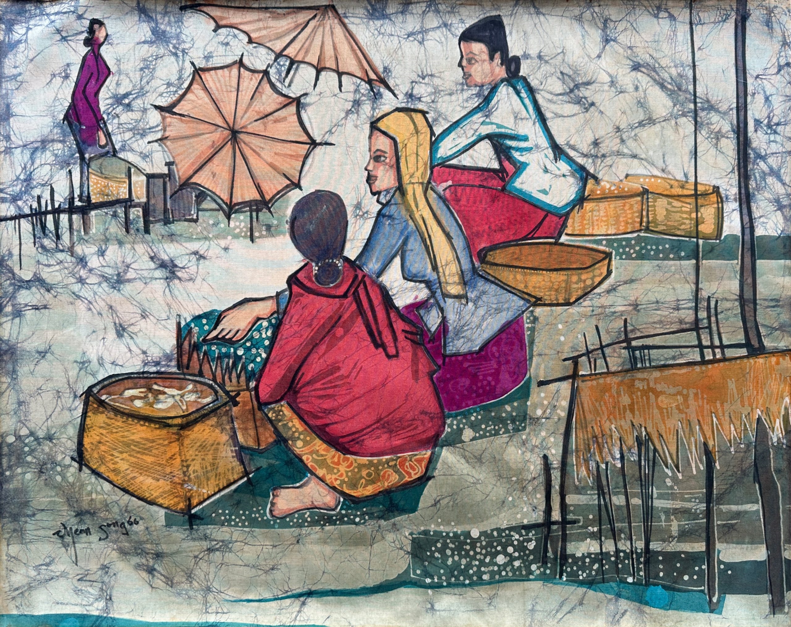 Artwork by Tan Thean Song, Seated Women with Baskets, Made of Batik