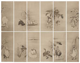 Hermits, Zen Priests, birds and animals - Kano Sansetsu