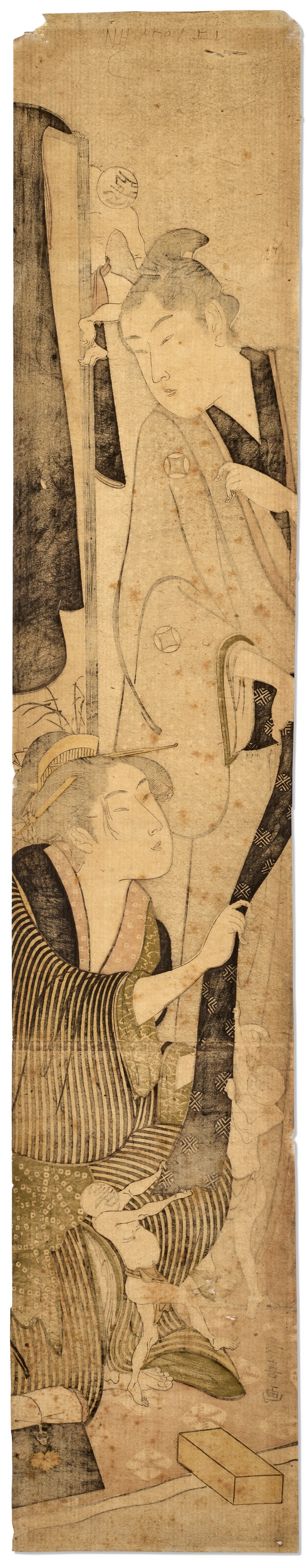 Isoda Koryusai | A group of three hashira-e 1) Courtesan protecting a ...