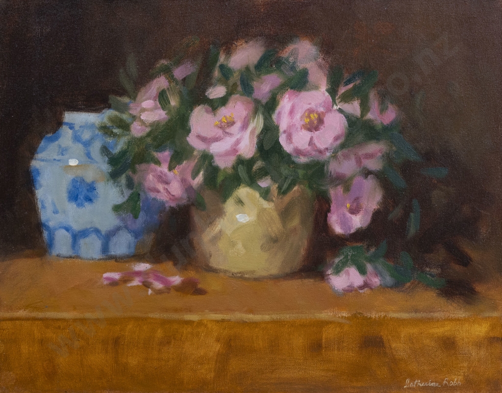 Artwork by Catherine Robb, Still Life with Pink Camellias, Made of oil on board