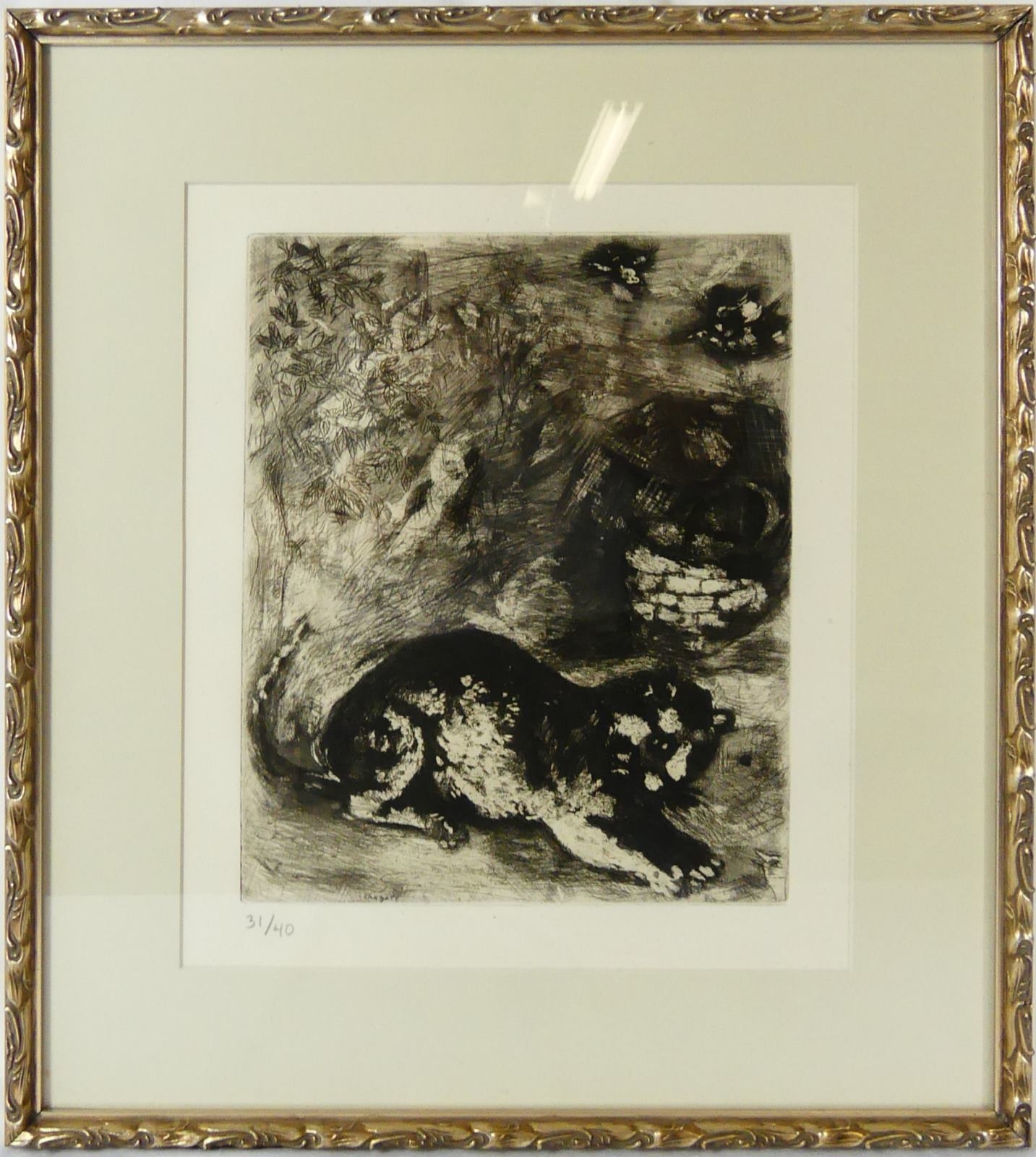 Artwork by Marc Chagall, The Cat and the Two Sparrows, Made of etching