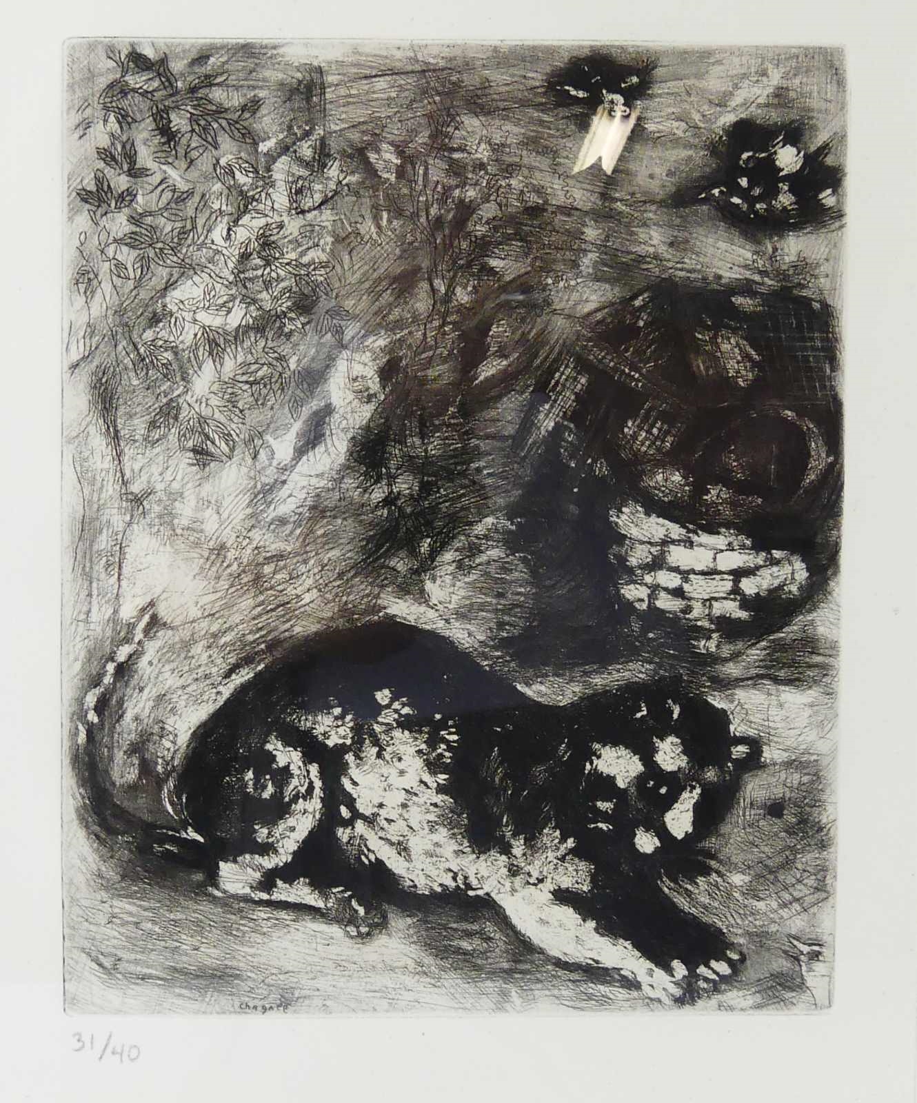 Artwork by Marc Chagall, The Cat and the Two Sparrows, Made of etching