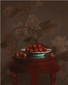 Still life of plums in a porcelain bowl on a cinnabar table - Liu Yingzhao