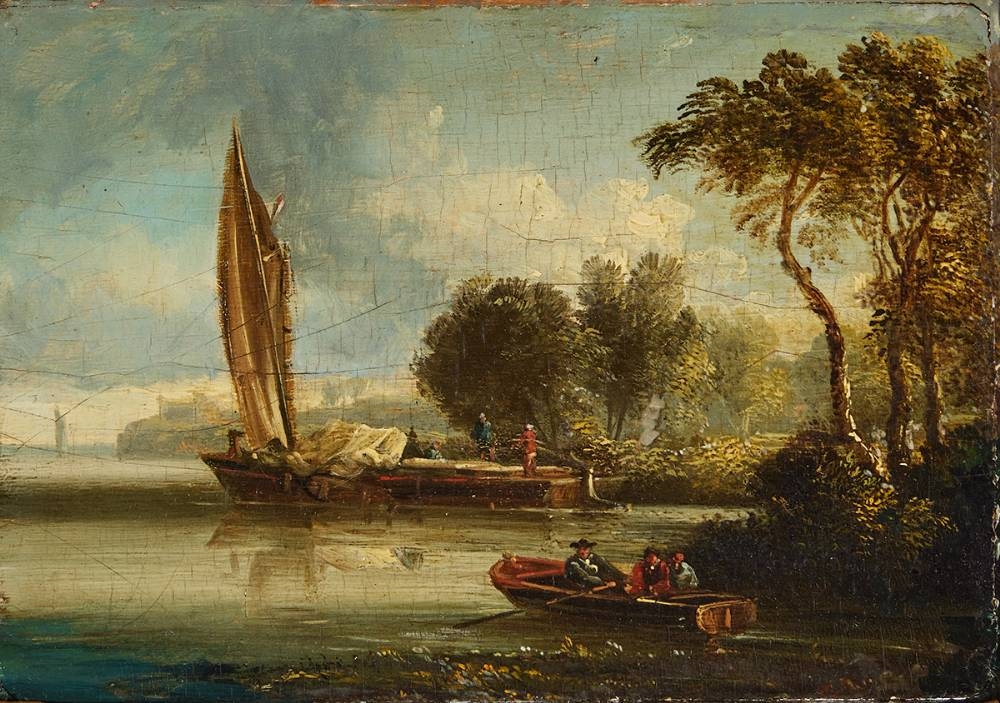 FIGURES IN ROW BOAT AND SAILBOAT by William Sadler