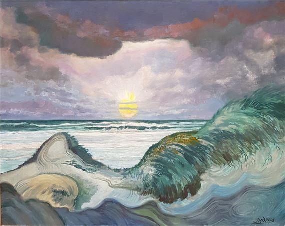 Jo Rispens | Een duinlandschap met zeegezicht en ondergaande zon te ...