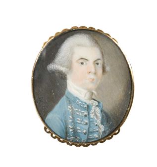 Portrait miniature of a gentleman in pale blue coat and matching waistcoat with silver lace, lace cravat and white stock - John Donaldson