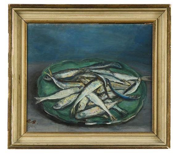Sprats on a green dish by Rhoda Birley, 1968