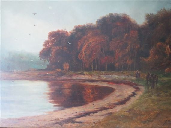 Wooded lake scene with horse, cart and figures, cattle and misty hills beyond by George Aikman, 1881