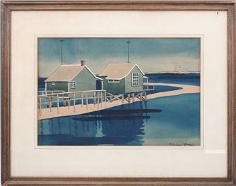 HARBOR PAINTING WITH STILT HOUSES AND LIGHTHOUSE - Vivian Boron