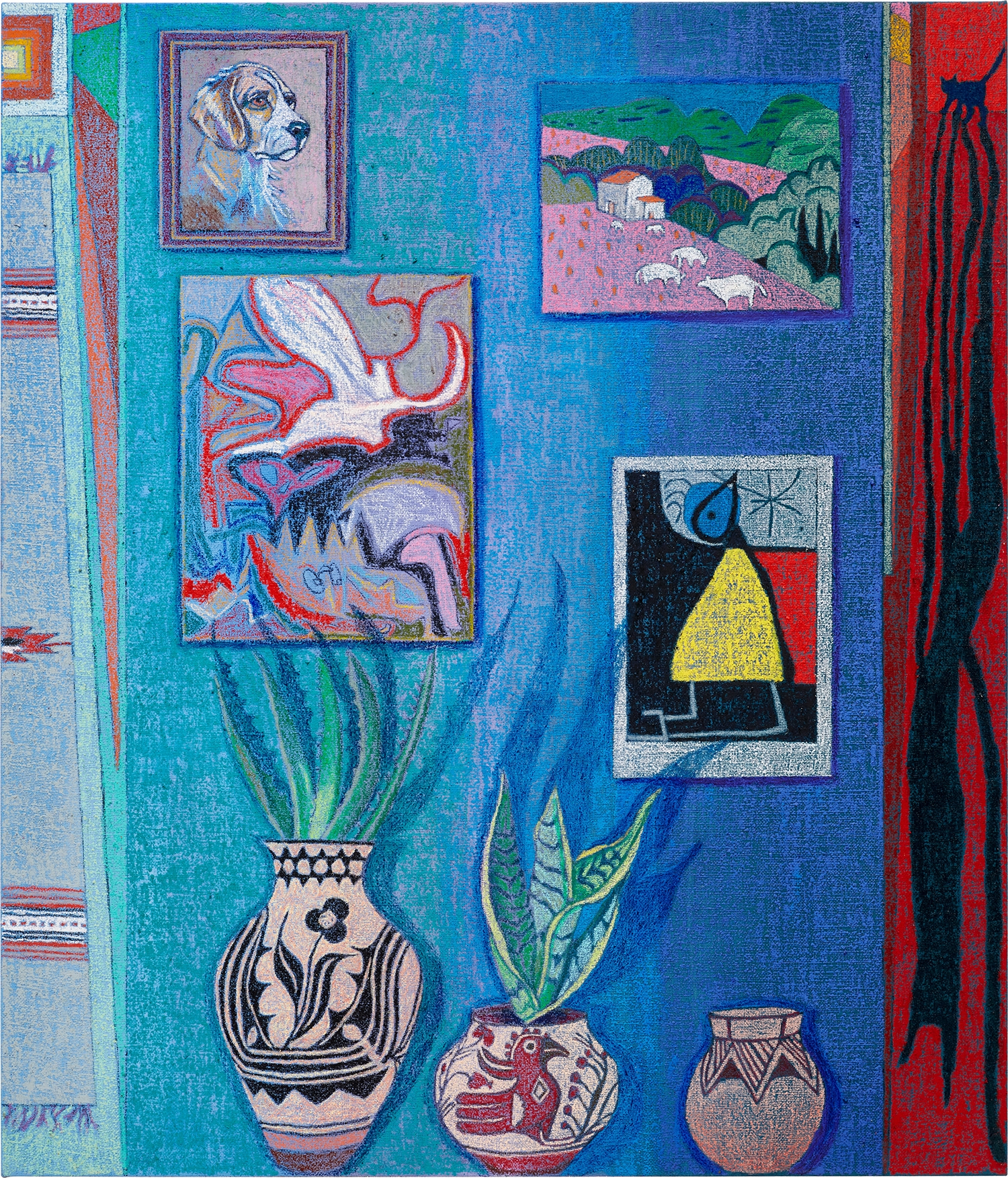 Artwork by JJ Manford, Interior with Thrift store Dog Portrait (Native American Pottery and Rug, Miro Poster, Collab Painting with Jonas & Mary Fedden Painting), Made of oilstick and Flashe on burlap over canvas