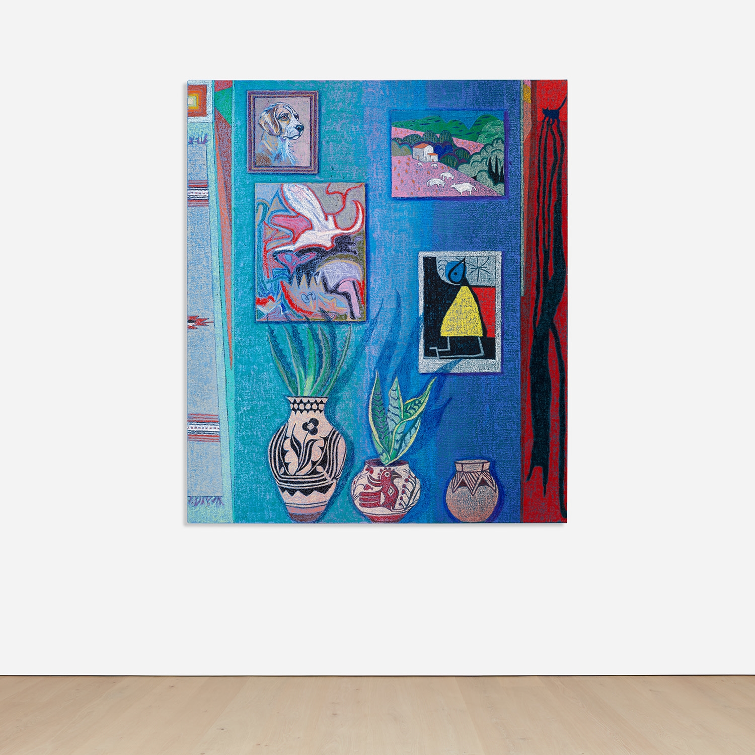 Artwork by JJ Manford, Interior with Thrift store Dog Portrait (Native American Pottery and Rug, Miro Poster, Collab Painting with Jonas & Mary Fedden Painting), Made of oilstick and Flashe on burlap over canvas