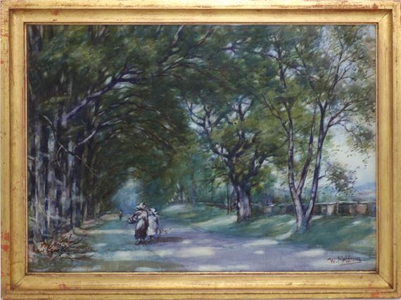 ; Mother and child walking on a wooded country road, by William Meldrum