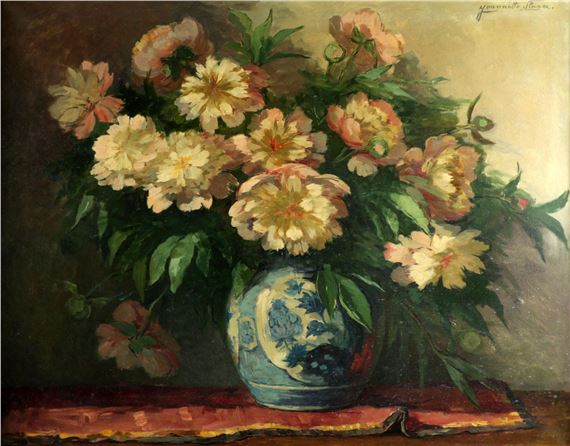 Pioenrozen in Delfts blauwe vaas - Jeannette Slager