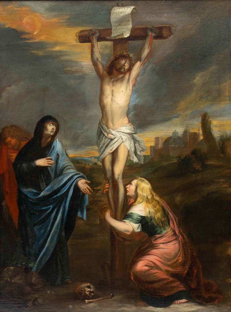 Artwork by Dutch School, 18th Century, De kruisiging met Maria, Maria Magdalena en de apostel Johannes, Made of oil on canvas