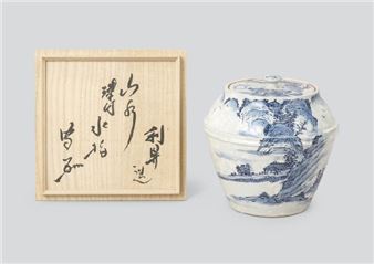 Blue and white porcelain water container with design of landscape - Risho Kato