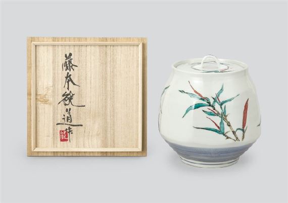 Water container with design of bamboo grass in overglaze enamel by Yoshimichi Fujimoto