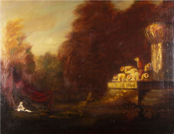 Orientalische Szene mit sich verbeugenden Personen und einer Frau unter einem Baldachin by Adolf Frey-Moock