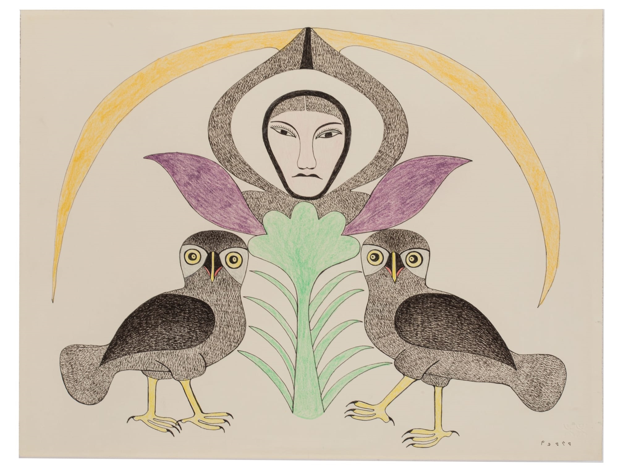 kenojuak-ashevak-untitled-woman-with-owls-and-flora-1989-1990