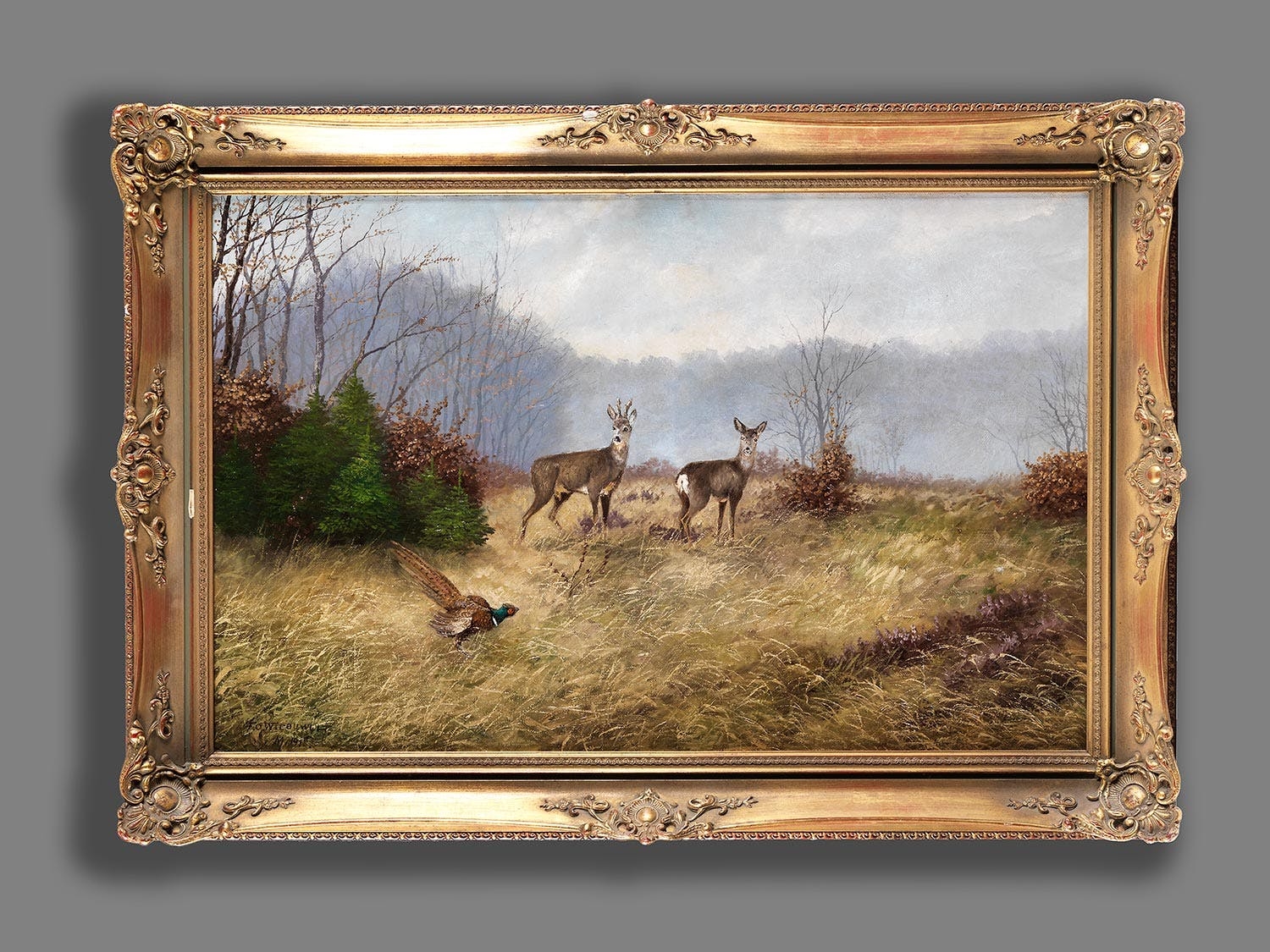 Artwork by Franz Otto Wieduwilt, REHE AUF EINER LICHTUNG, Made of Oil on canvas.
