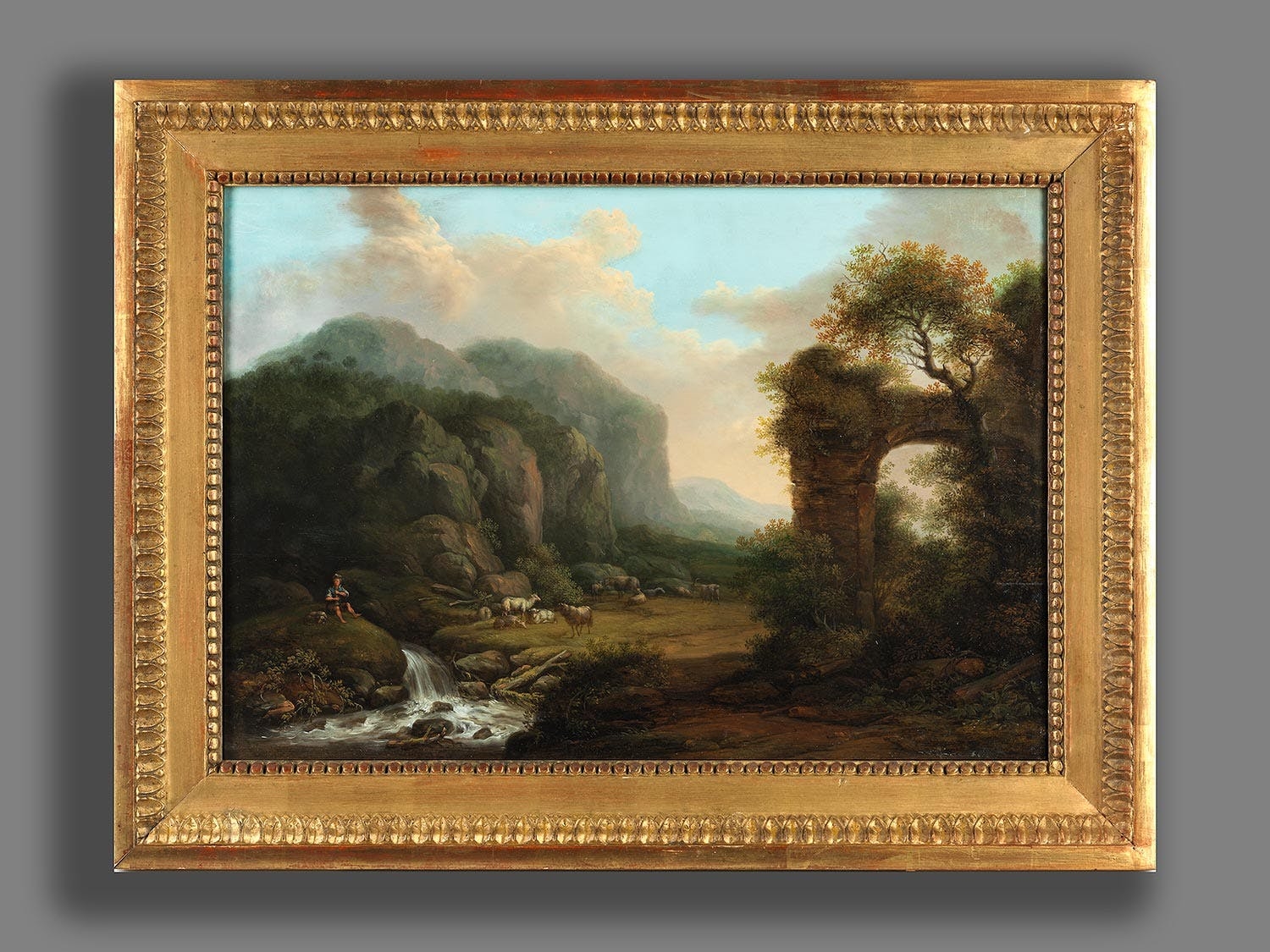 Artwork by Bernhard Gottfried Manskirch, LANDSCHAFT MIT RUINE UND SCHÄFER, Made of Oil on panel.