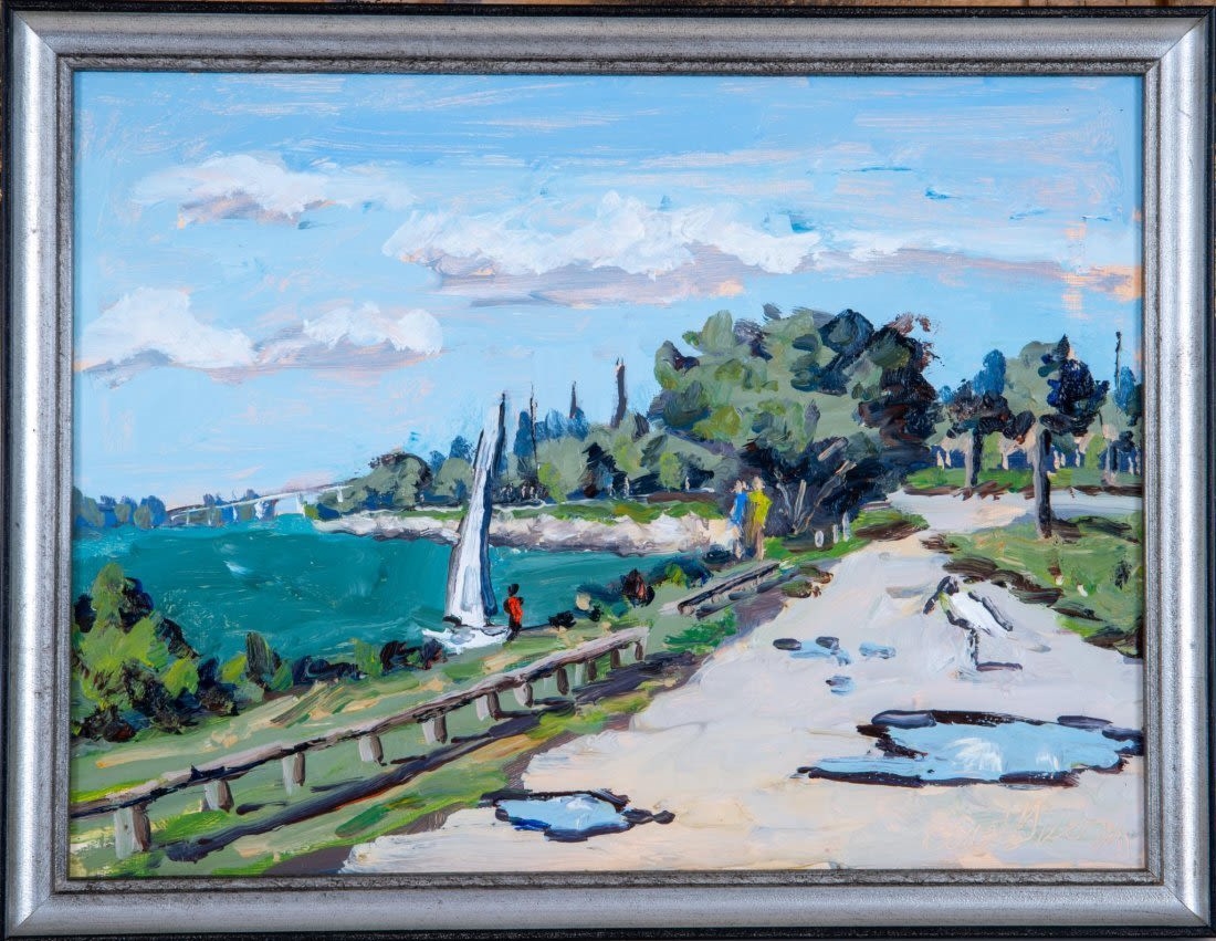 Artwork by Rene Guerin, The Golden Bowl; waterfront scene, Made of oil on arches paper; oil on board