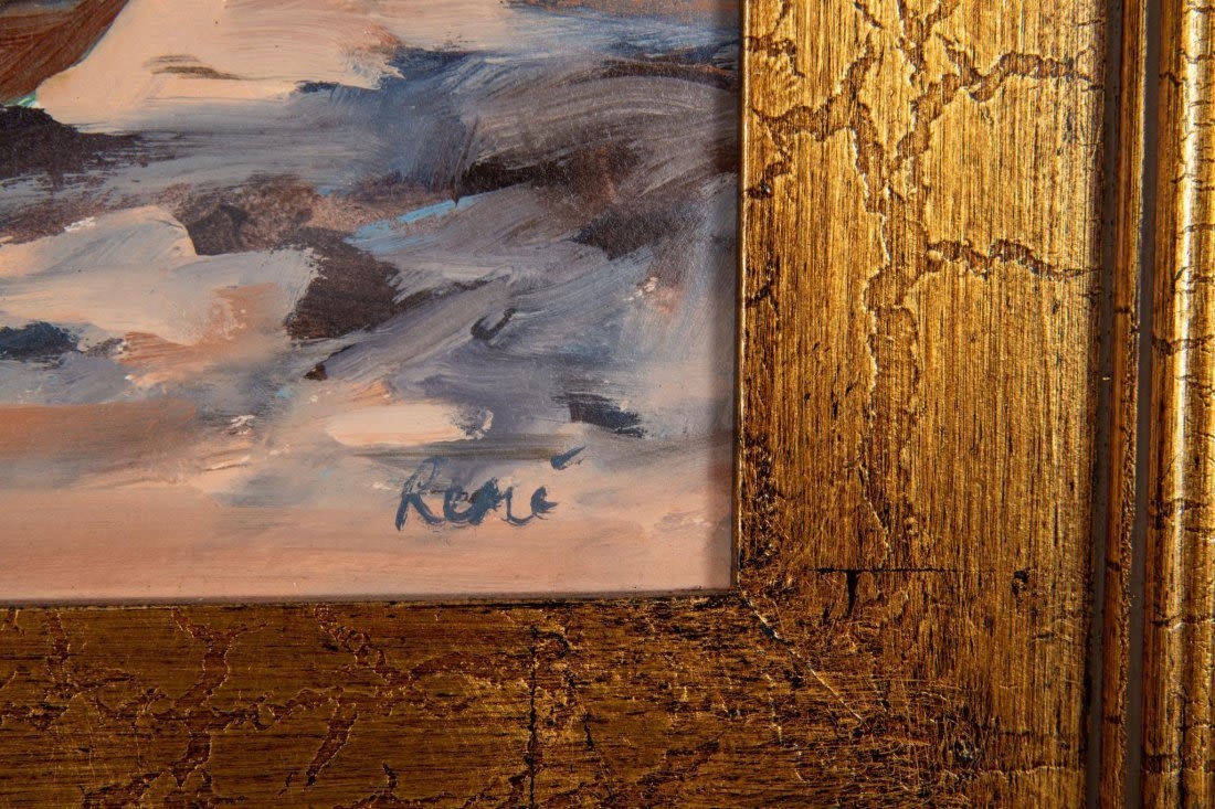 Artwork by Rene Guerin, The Golden Bowl; waterfront scene, Made of oil on arches paper; oil on board