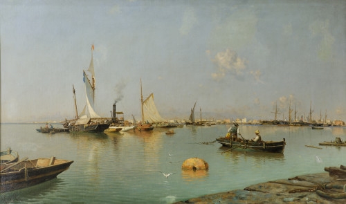 Artwork by Guillermo Gomez Gil, "Vista del puerto de Málaga", 1896, Made of oil on canvas