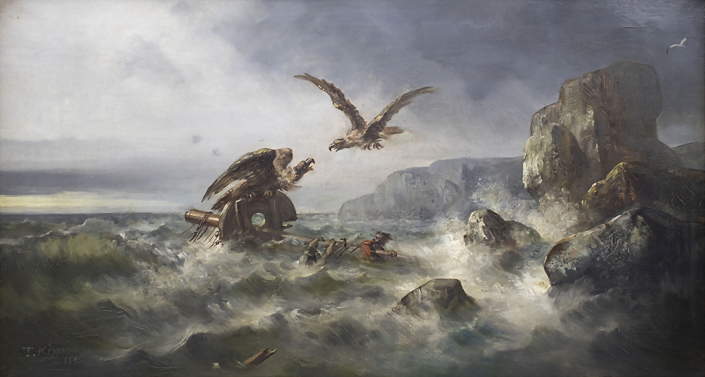 Artwork by Theodor Koppen, Geflügeltes Schicksal des Schiffsbrüchigen' / 'Winged fate of the castaway, Made of Oil on canvas