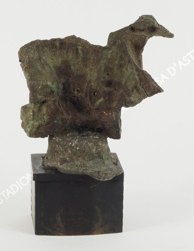 Artwork by Mariano Cerne, "Animale fantastico", Made of sculpture in bronze with green patina, its base in wood