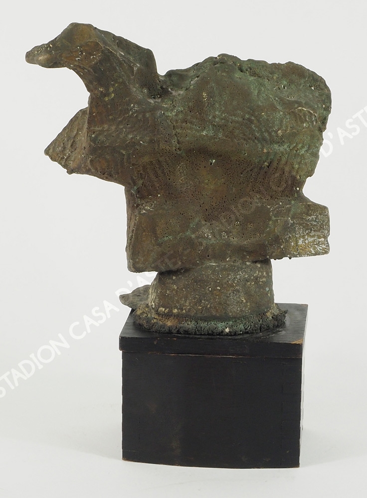 Artwork by Mariano Cerne, "Animale fantastico", Made of sculpture in bronze with green patina, its base in wood