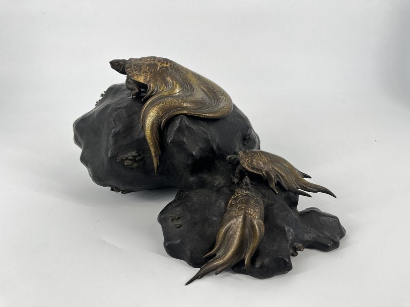 Japanese School | Okimono representing three minogam turtles climbing ...