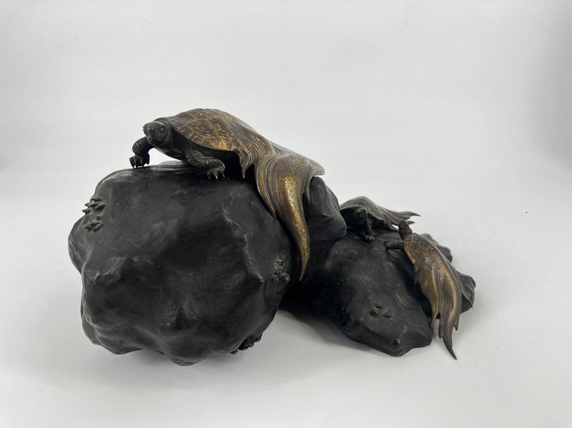 Japanese School | Okimono representing three minogam turtles climbing ...
