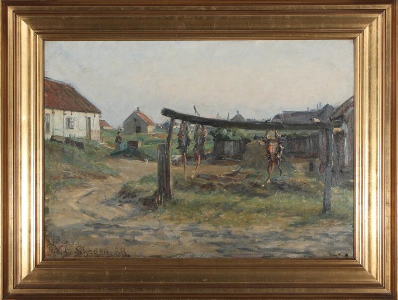 Artwork by Viggo Johansen, Houses in Skagen Vesterby. The cod is hanging to dry., Made of Oil on canvas