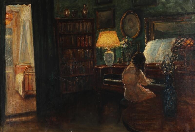 Interior with a woman seated at the piano