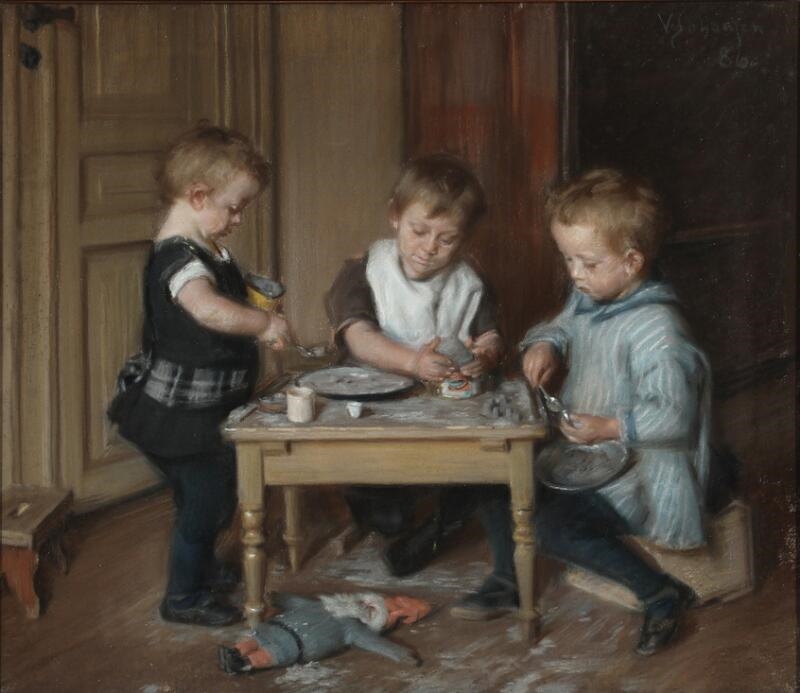 Three of the artist's children at a table
