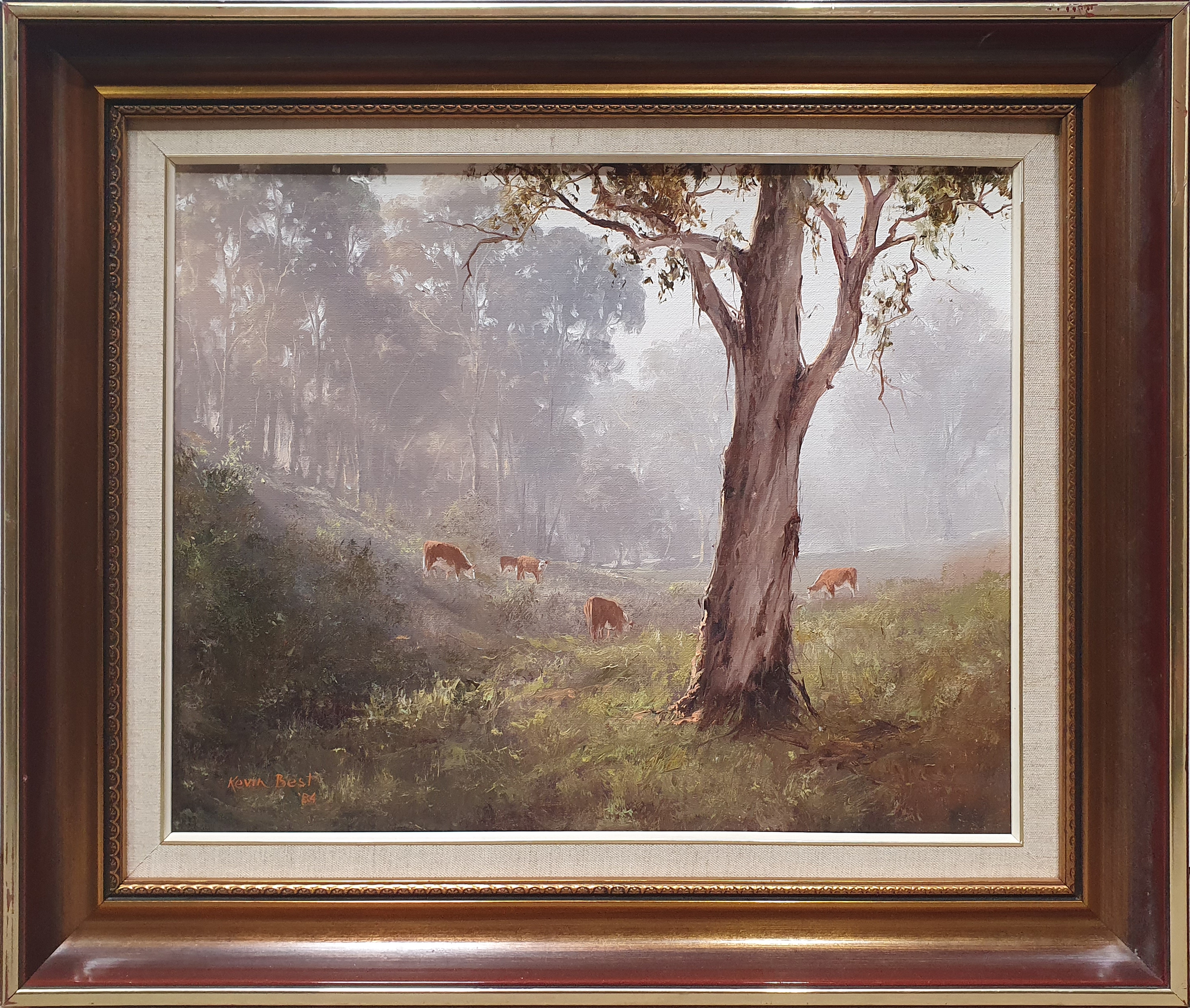 Artwork by Kevin John Best, Grazing in the Morning Sun, 1984, Made of oil on board