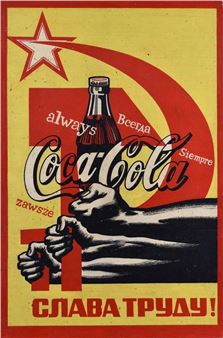A bold propaganda-style poster featuring a hand holding a glass bottle against a red and yellow background.