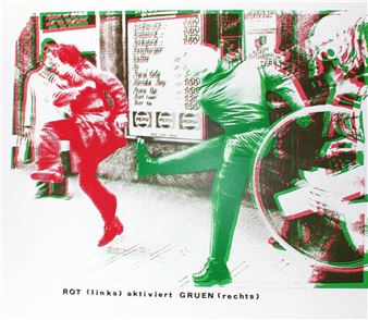 Grüner Polizist tritt roten Demonstranten, vor Pepsi-Reklame - Claus Böhmler