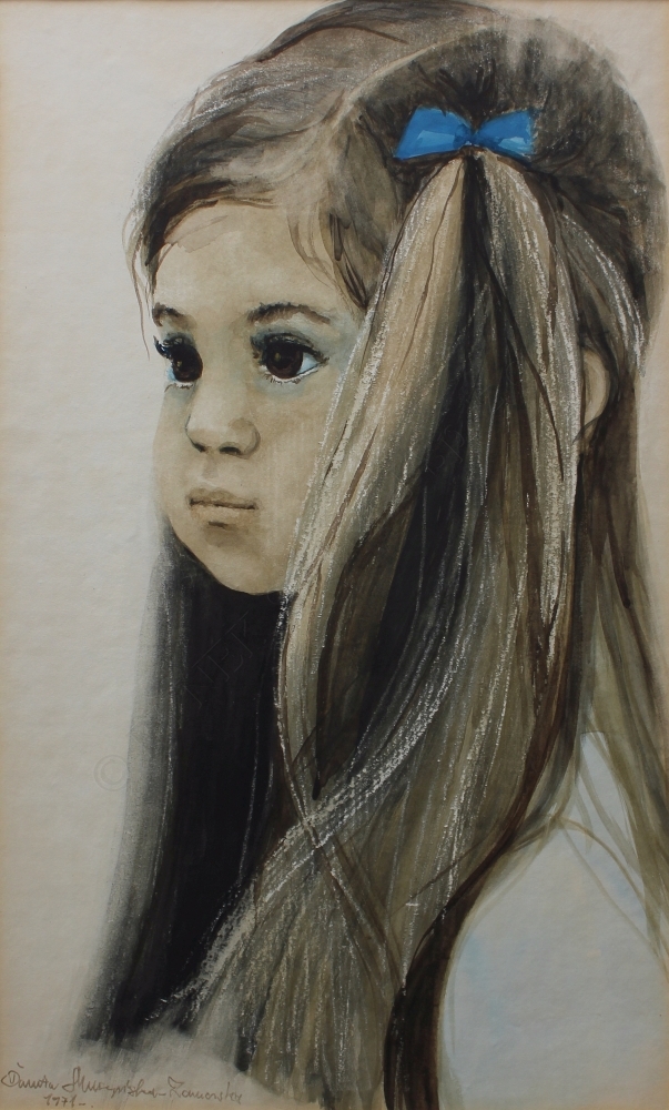 Portrait of a girl with a blue bow by Danuta Muszyńska-zamorska, 1971